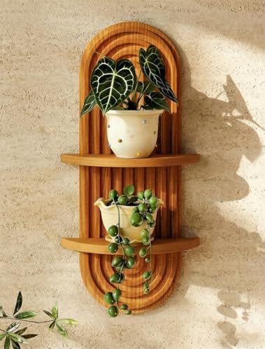 Bamworld Boho Wall Decor Brown Plant Wall Shelf Mid Century Modern Decor Hanging Plant Shelf 16.7in 2 Tier Wooden Floating Shelves for Home Bathroom Bedroom Living Room Office Holding Planter | Amazon (US)