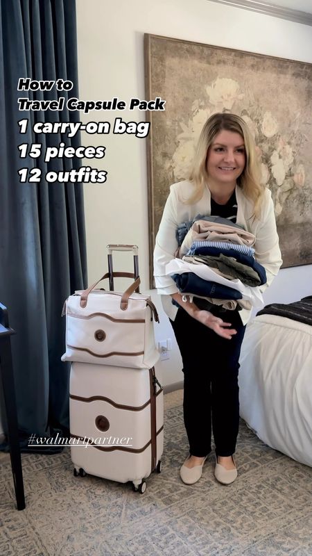 ✨ CARRY-ON ONLY TRAVEL CAPSULE IDEAS
Everything I’m packing for a 12 day summer trip to Europe with 15 clothing pieces on 

I tried on 12 outfits here, but you can make MANY more outfits than this using these pieces! (Save this reel for your next trip 🧳)

We’re traveling to Stockholm to finally see some of my family after many years of waiting. And we’re visiting London and Paris for a few days between as ✈️ layovers while we’re there. 

Packing List Below 👇 

Tops:
White button-down
Blue stripe button-down
Black stripe pullover 
White henley 
White tube top 

Bottoms:
Dark wash jeans
Khaki linen look pants 
Navy wide leg pants 
Light blue wide leg pants 
Olive maxi skirt 

Layers:
Denim jacket
White blazer 
Trench raincoat 

Shoes:
White leather sneakers 
Brown sandals 
Canvas flats 

Accessories:
Crossbody bag
Sun hat 

(I’m tossing in 2 tees & 2 leggings for pjs and of course undies as well.)

TIP: tightly roll each clothing piece and use compression bags to maximize suitcase space. 

All of this fits in my carry-on sized suitcase with toiletries in my personal item tote to fit under the seat. 

#walmartfashion #travelcapsule #capsulewardrobe #carryononly #packinglight #europetravel #minimalistpacking #packwithme #carryonluggage #packinglist #travelessentials 

#LTKVideo