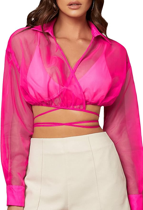 Verdusa Women's Crisscross Tie Back Long Sleeve Organza Wrap Crop Blouse | Amazon (US)
