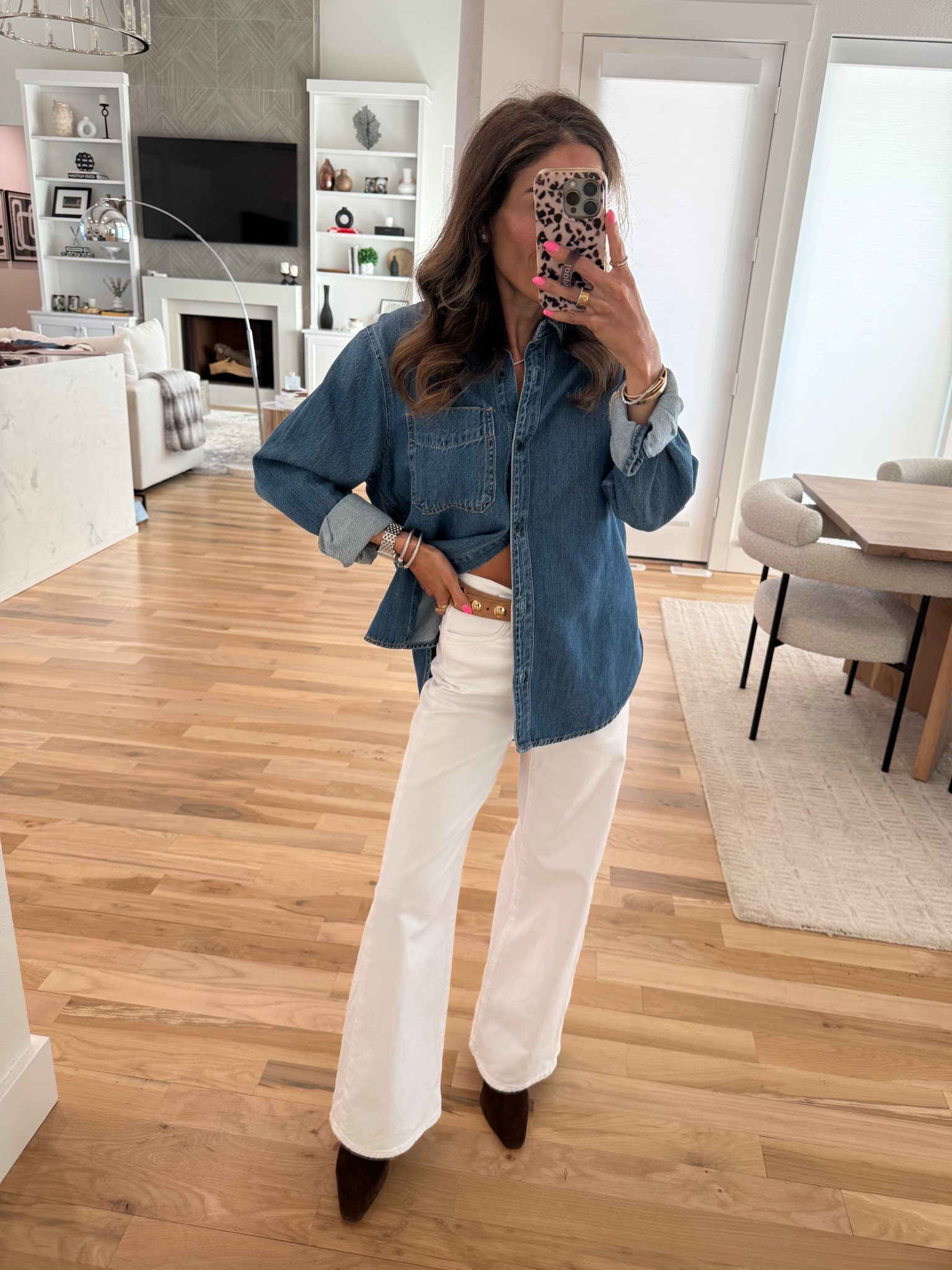 Spring outfit idea petite friendly denim shirt super soft -  wearing smallest size  
White ankle jeans size 23

#LTKPetite #LTKOver40 #LTKootd