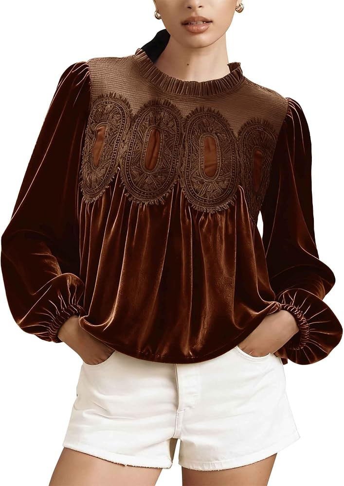 Women Lace Mesh Velvet Blouse Puff Long Sleeve Babydoll Shirt Crew Neck Ruffle Hem Patchwork Pepl... | Amazon (US)