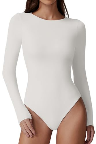 QINSEN Cream Bodysuit for Women Thong Sexy Crewneck Body Suit Long Sleeve Shirt Tops XS | Amazon (US)
