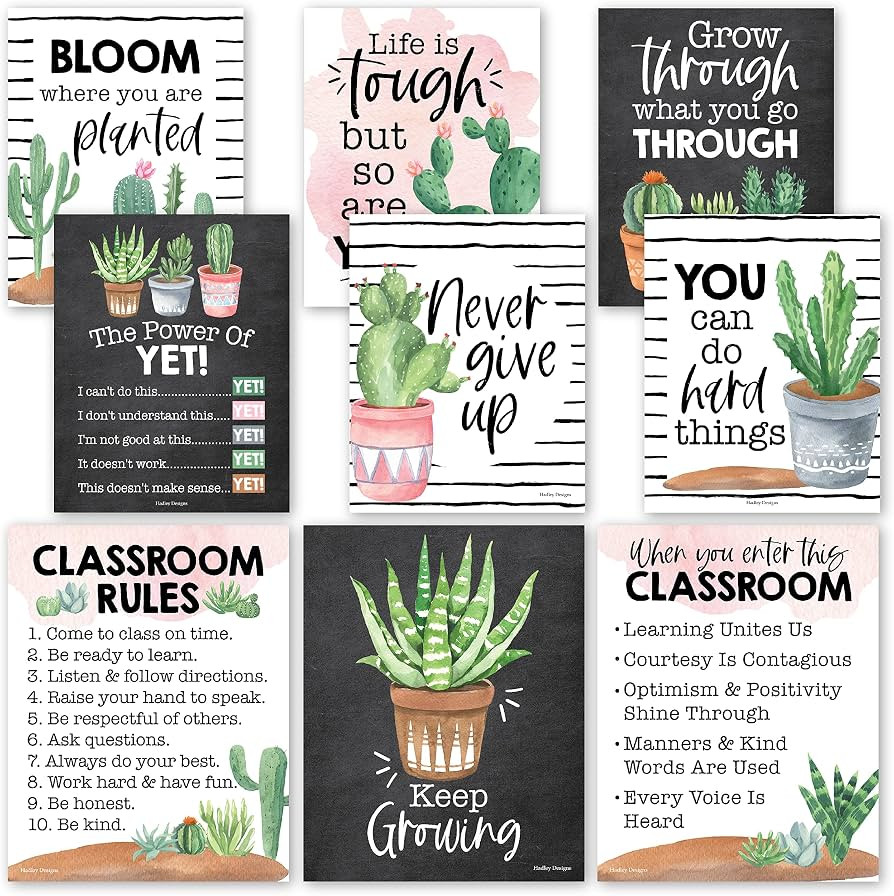 Hadley Designs 9 Cactus Classroom Decor Signs, Welcome Sign For Bulletin Board Decorations, Growt... | Amazon (US)