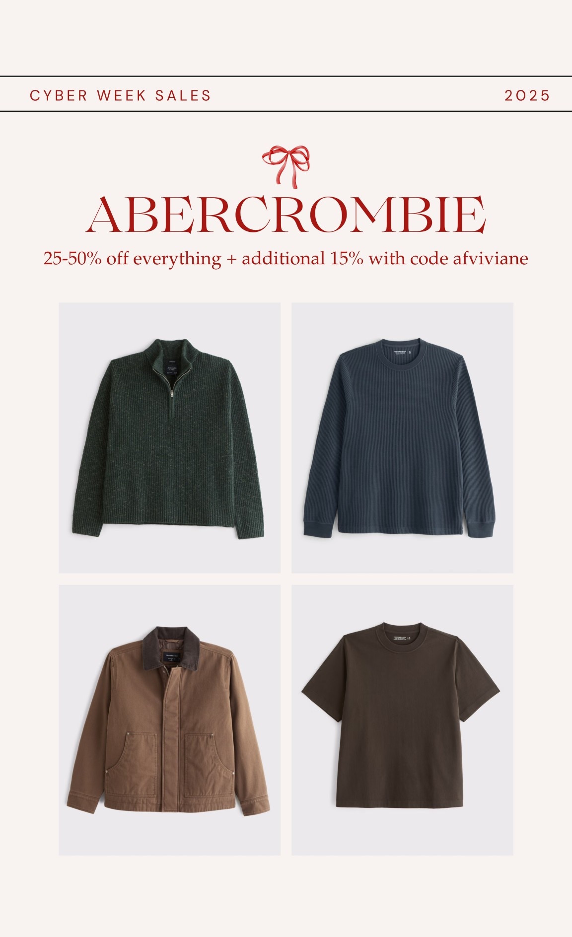 [11/25/25] men’s styles from Abercrombie on sale | use code AFVIVIANE for stackable 15% off! Some of Jake’s favorites linked! 

*Offer valid in stores and online from 11/24/2025-12/1/2025 in US/CA. Excludes clearance and gift cards. Online price reflects discount. Use code AFVIVIANE to get an additional 15% off everything in stores and online at checkout from 11/24/2025-12/1/2025 in US/CA. Excludes clearance and gift cards. See details online.

#LTKCyberWeek #LTKGiftGuide #LTKMens