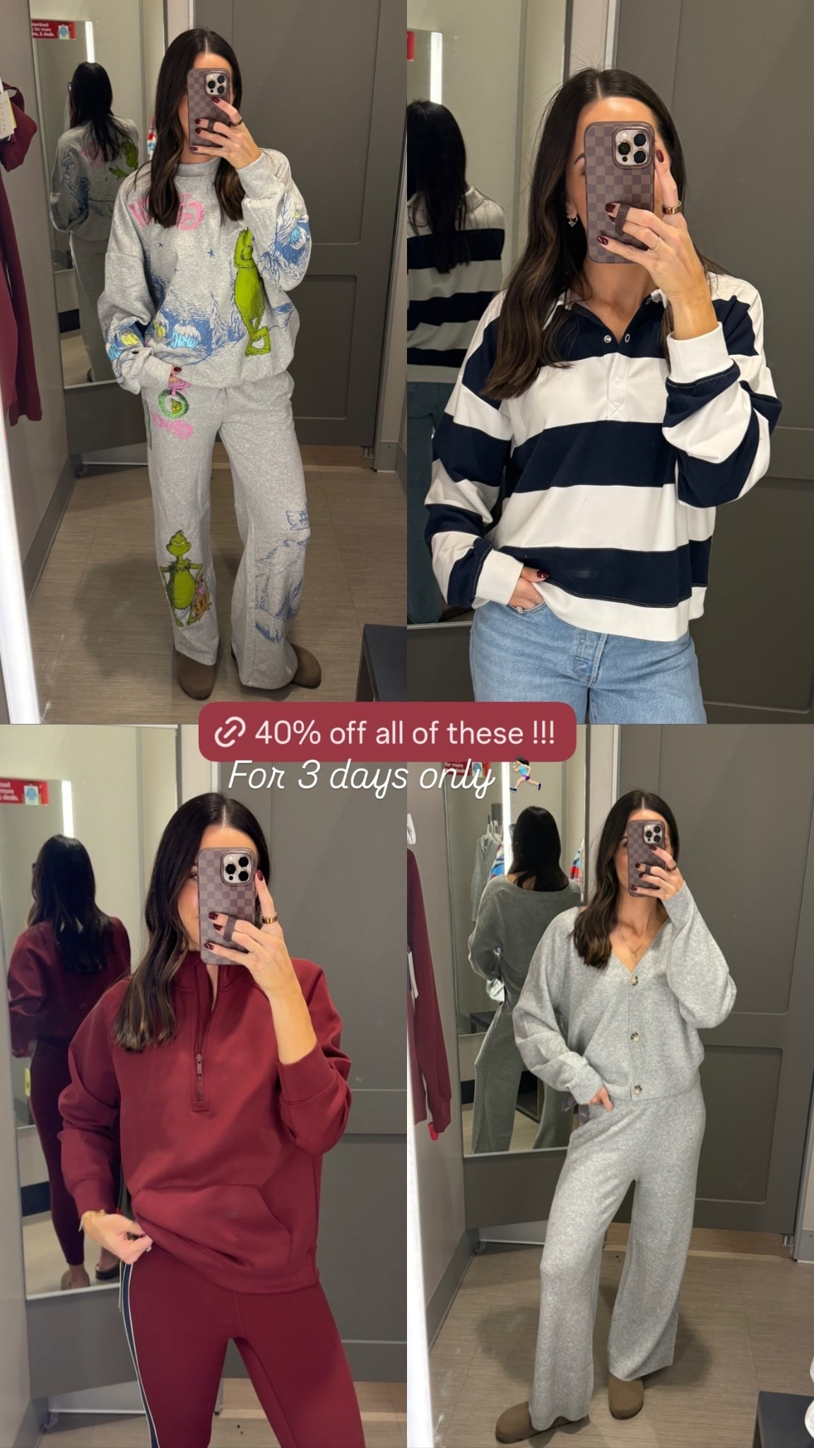 For 3 days only 🏃🏻‍♀️

Wearing a L and M in the grinch set for an oversized fit
L in the rugby shirt for an oversized fit
Small in the half zip (feels like AirEssentials) 
Small in the gray sweater set cardi & pants


#LTKFindsUnder50 #LTKSaleAlert #LTKGiftGuide