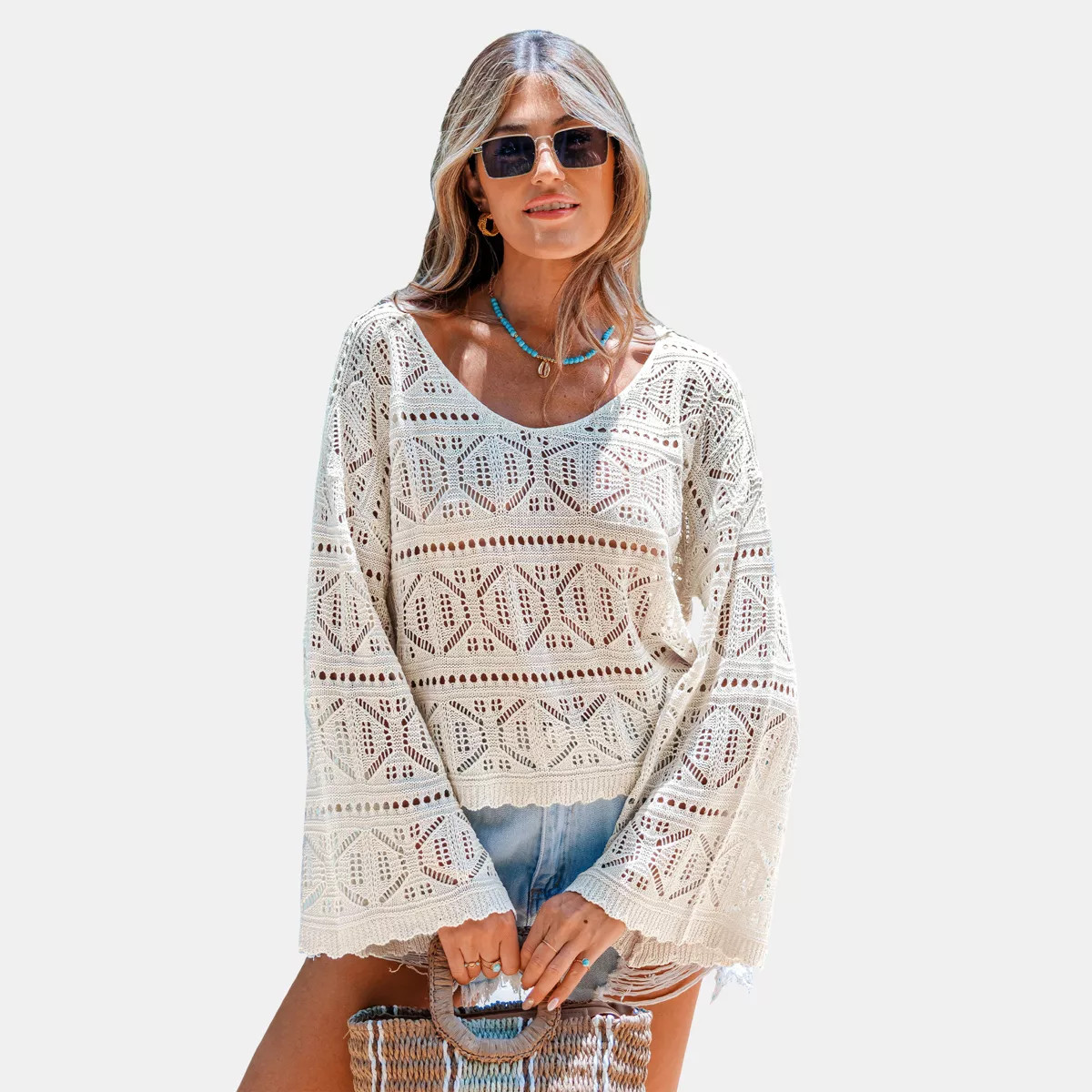 Women's Chic Crochet Flared Sleeve Cropped Sweater - Cupshe-M-Beige | Target