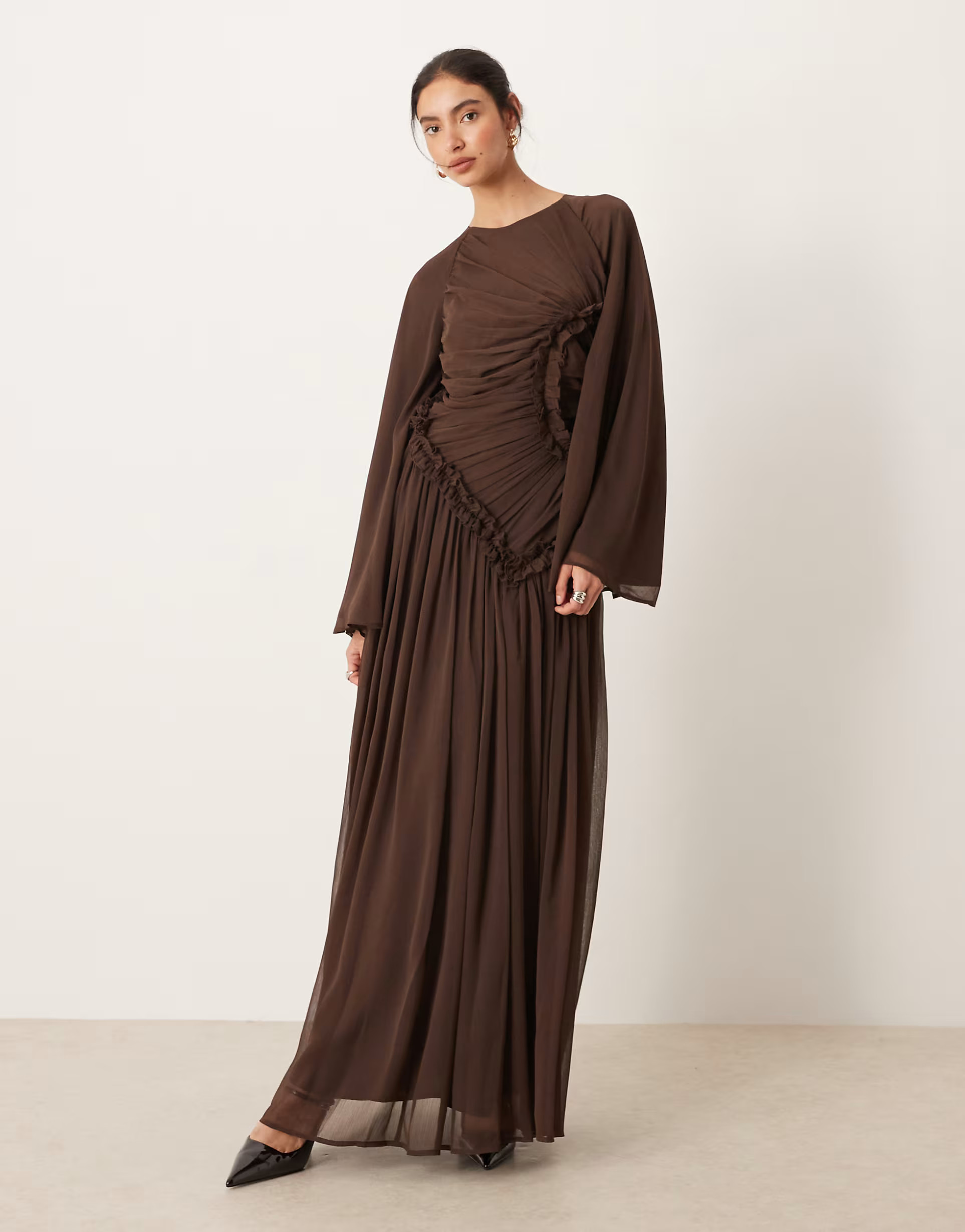 ASOS DESIGN crinkle chiffon gathered maxi dress with micro ruffles in chocolate | ASOS (Global)