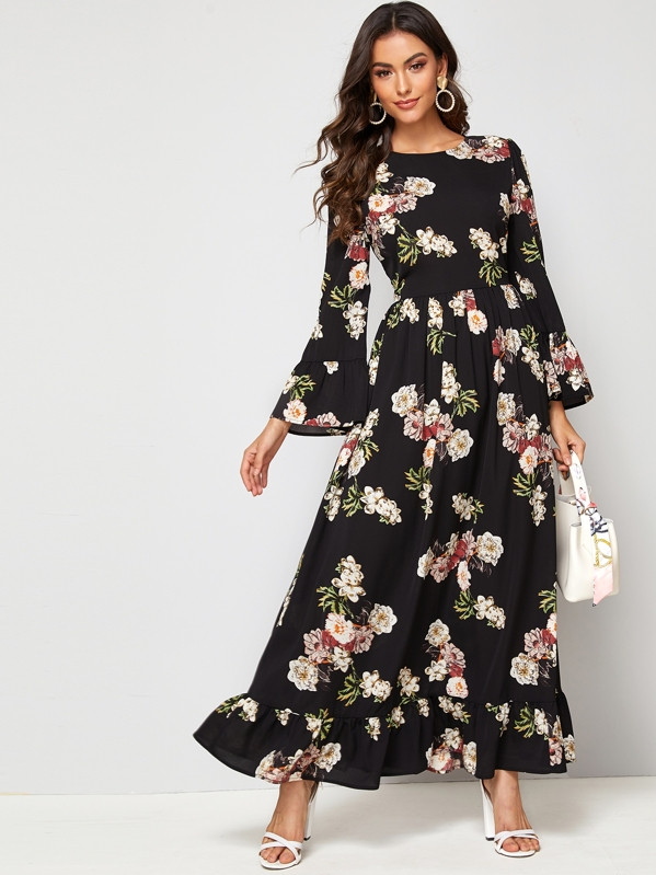 SHEIN Bell Sleeve Flounce Hem Floral Print Dress | SHEIN