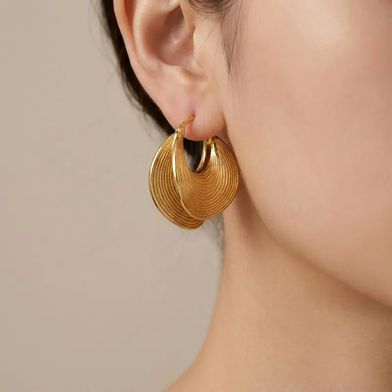 18K Gold Hoop Earrings With Textured Wave Design, Bold Chunky Gold Hoops for Women, Modern Statem... | Etsy (Global)