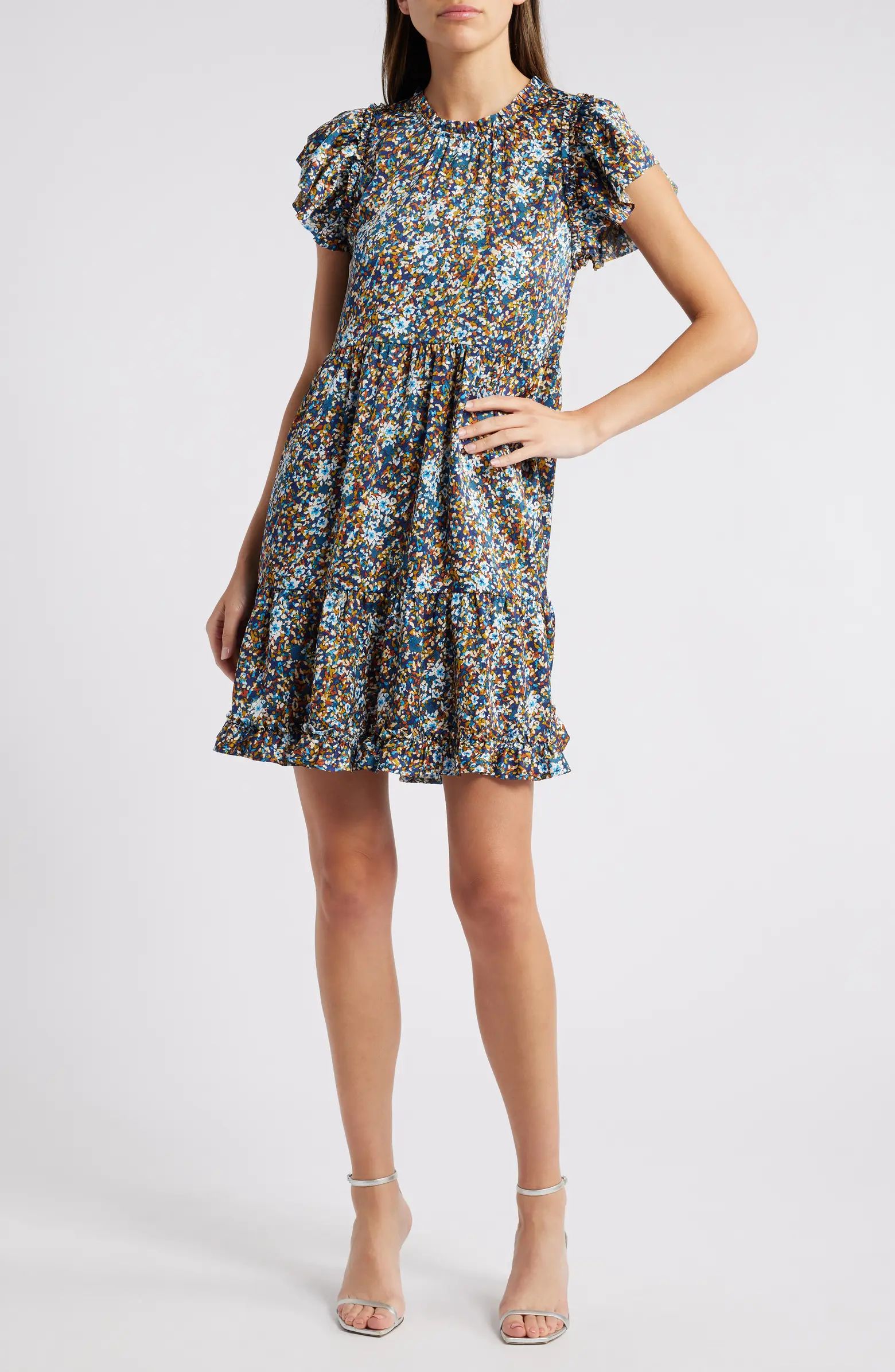 Printed Puff Sleeve Tiered Satin Minidress | Nordstrom