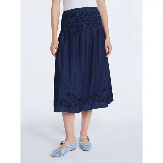 Free Assembly Women's and Women's Plus Embroidered Cotton Maxi Skirt with Smocked Waist, Sizes XS... | Walmart (US)