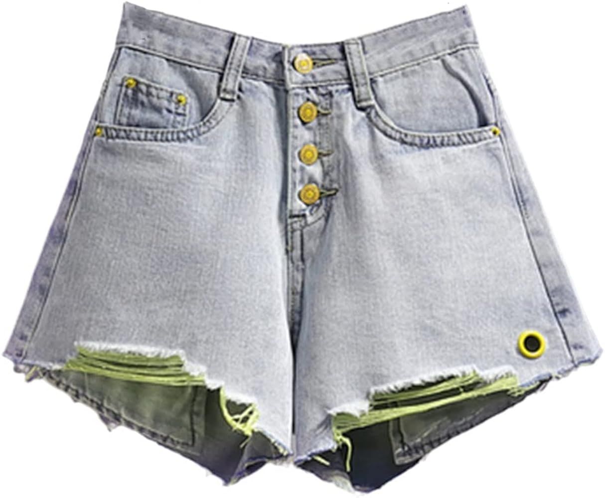 Women's Button Pocket Ripped Jeans Shorts Summer Loose Plus Size Wide Leg Shorts | Amazon (US)