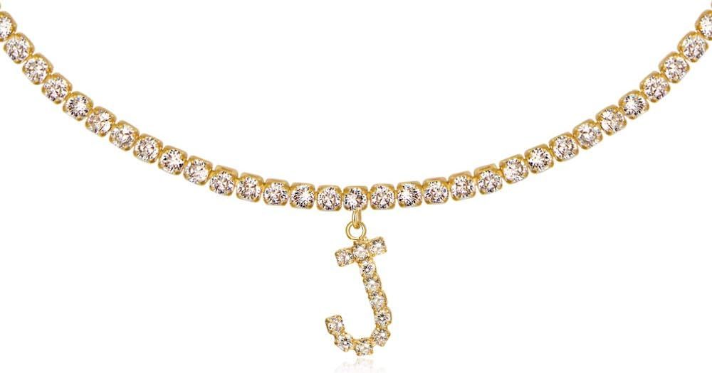 Letter Necklace 14k Gold Plated Tennis Chain Initial Alphabet Pendant Choker Bling Iced CZ Diamon... | Amazon (US)
