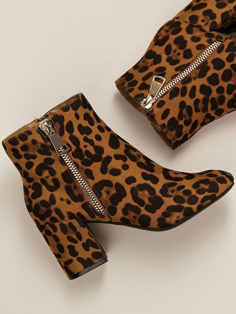 Almond Toe Chunky Heel Leopard Booties | SHEIN
