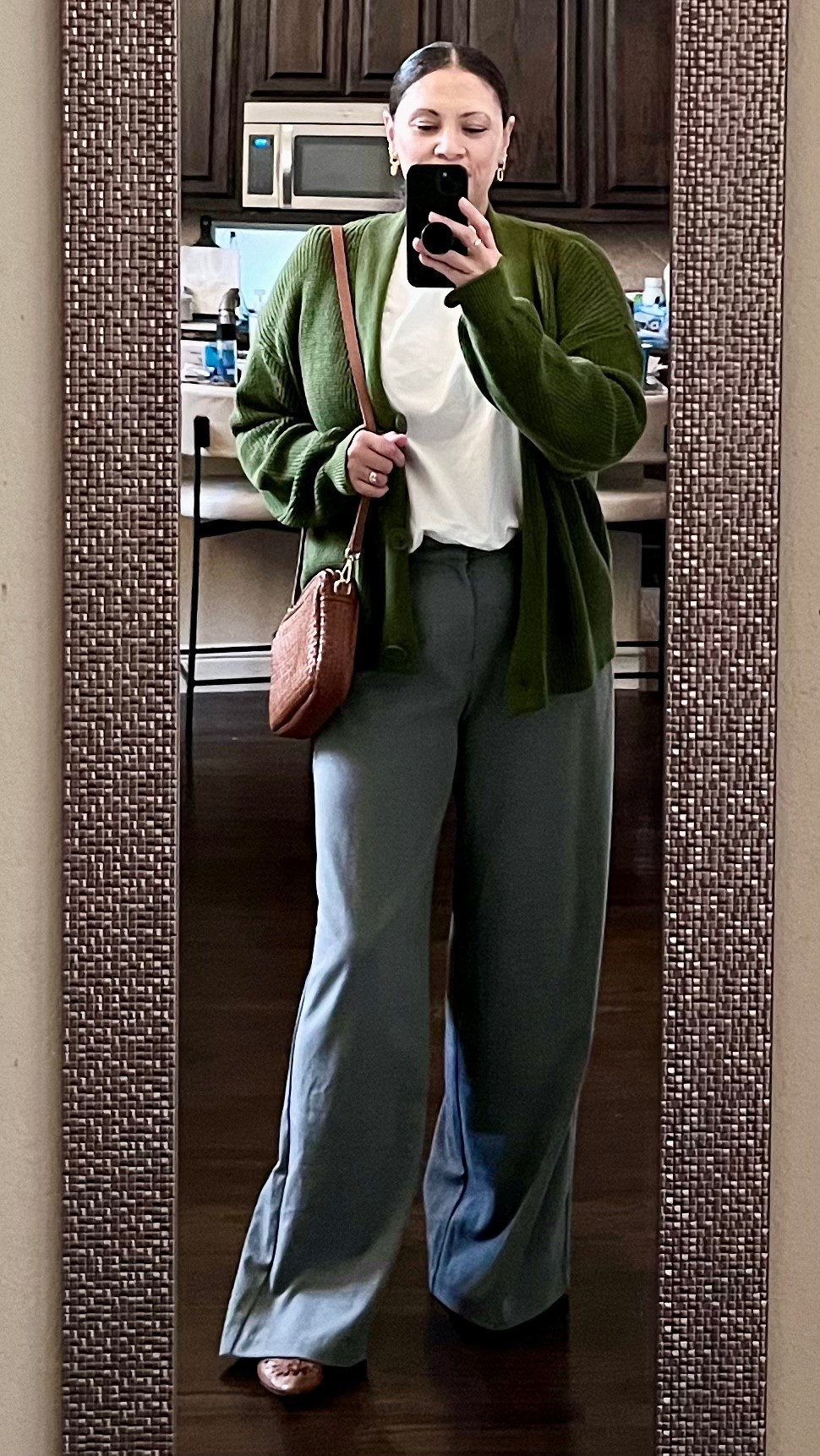 In office OOTD. Love the green cardigan with tan/cognac accessories especially this Quince bag! And these gray trousers are very comfortable.

#LTKOver40 #LTKMidsize #LTKWorkwear