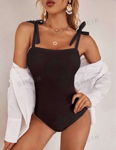 Tie shoulder one piece swimsuit at Shein!! One piece swimsuit!! 