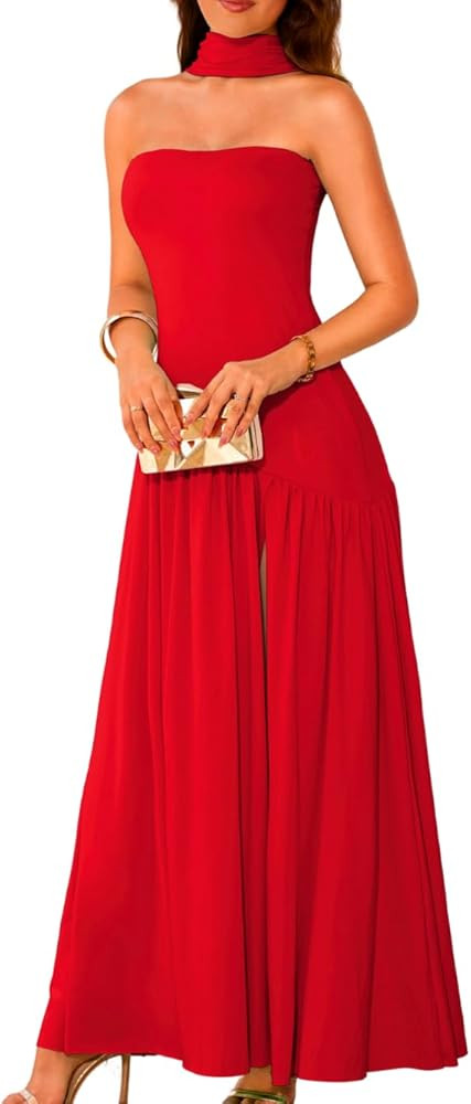Women's Maxi Tube Dress with Scarf, Drop Waist High Slit Formal Prom, Wedding Guest Cocktail Part... | Amazon (US)