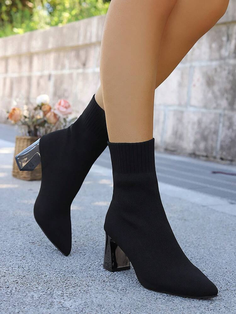 Women's 2025 New Thick Heel Pointed Toe Boots, Elastic Slim Fit Boots, Sock Boots, High Heel Shor... | SHEIN