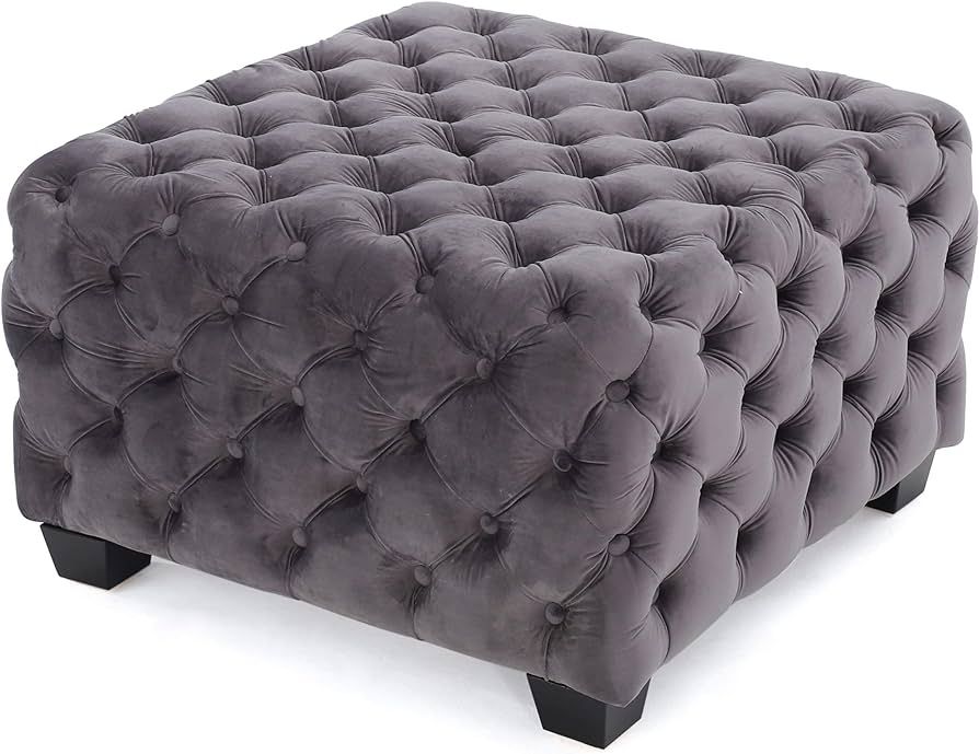 Great Deal Furniture Melvek Modern Glam Button Tufted Velvet Ottoman, Gray and Dark Brown | Amazon (US)
