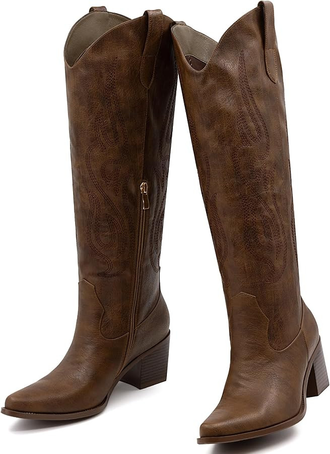 Wide Calf Cowgirl Boots For Women Knee High Cowboy Boots Pointed Toe Chunky Heel Boot Ladies West... | Amazon (US)