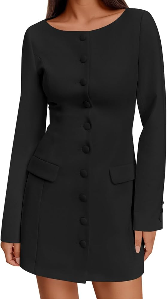 Wenrine Womens Button Down Work Dress Long Sleeve Business Office Slim Fit Elegant Fall Blazer Mi... | Amazon (US)