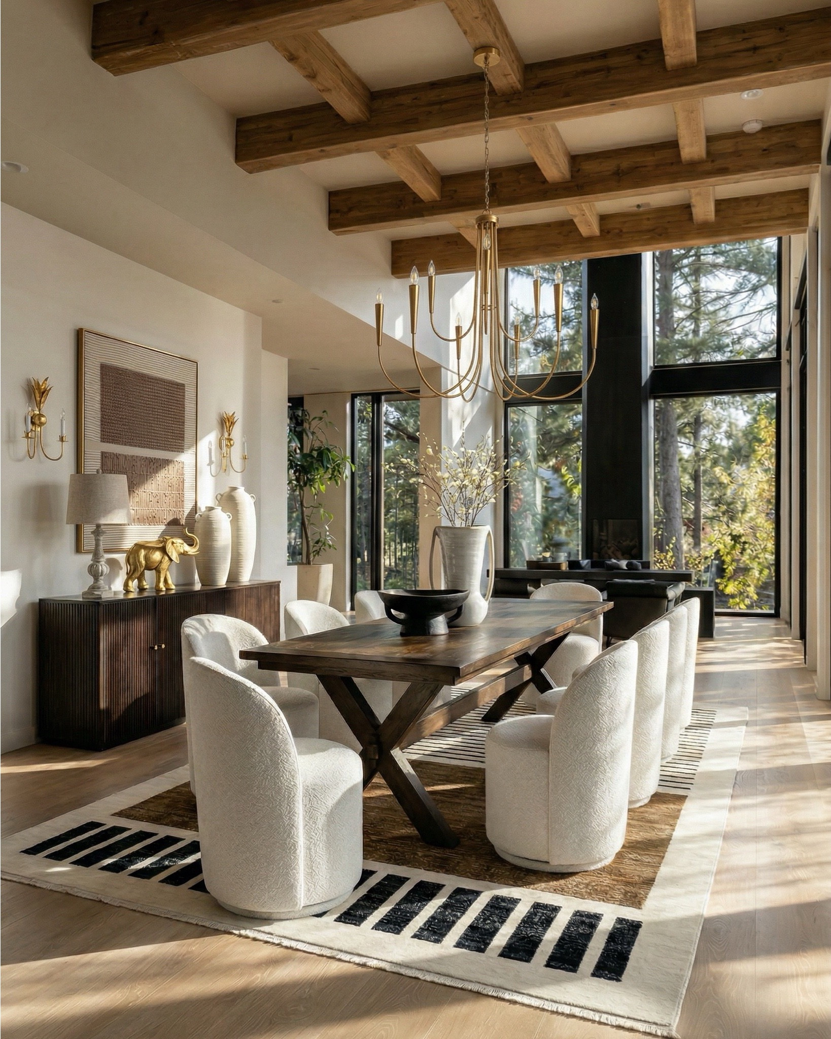 Furniture
* upholstered bed cream channel tufted
* boucle bench ivory curved legs
* dark wood nightstands traditional 3 drawer
* classic wood nightstand brass knobs
Lighting
* white globe pendant light oversized
* brass wall sconces double arm
* ceramic table lamp white shade
* marble base table lamp neutral
Decor
* gold framed wall mirrors tall rectangular
* gold floral wall art neutral canvas
* ceramic vase white sculptural
* decorative coral bowl white
* gold tray decor coffee table books
* neutral floral arrangement white stems
Bedding
* white duvet cover luxury hotel style
* brown chunky knit throw blanket
* neutral accent pillow terracotta pattern
* white euro pillows minimal
Textiles
* brown cream diamond pattern rug
* geometric area rug neutral tones

BEDROOM 2 (Dresser + Accent Corner)
Furniture
* curved wood dresser dark walnut
* modern vintage dresser brass pulls
* boucle accent chair cream
* upholstered armchair neutral fabric
Decor
* scalloped gold wall mirror statement
* decorative tray gold round
* ceramic decorative bowl textured
* stacked coffee table books neutral decor
* sculptural decor objects modern organic
Textiles
* neutral throw pillow abstract pattern
* boucle cushion cream texture

🍽️ DINING ROOM (Dark Wood + Organic Modern)
Furniture
* dark wood dining table trestle base
* rustic wood dining table large
* upholstered dining chairs cream curved
* boucle dining chairs rounded back
* ribbed wood sideboard cabinet
Lighting
* brass chandelier modern classic
* gold chandelier candle style
* brass wall sconces decorative
Decor
* large ceramic floor vase white
* tall decorative vase with branches
* black decorative bowl centerpiece
* gold elephant figurine decor
* neutral abstract wall art textured
* table lamp linen shade neutral
Textiles
* neutral area rug with black stripe border
* modern striped rug cream black




#LTKSaleAlert #LTKHome