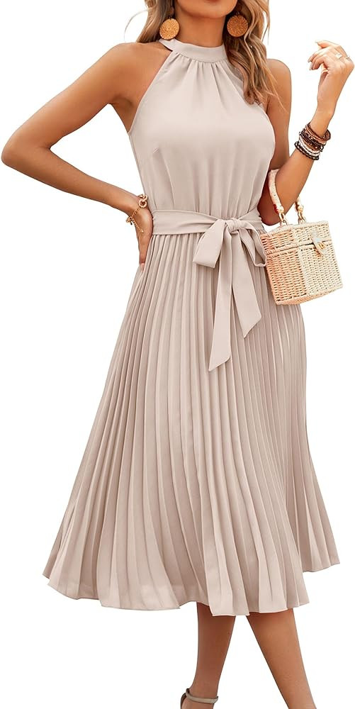 KIRUNDO Women's 2026 Summer Sleeveless Halter Neck Pleated Midi Cocktail Dresses A Line Flowy Bea... | Amazon (US)