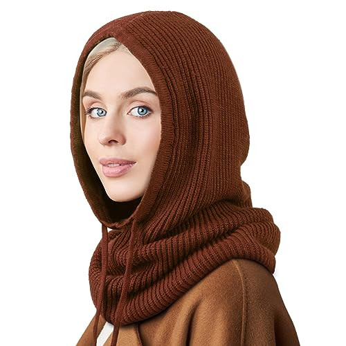 DRESHOW Winter Hats for Women Girls Warm Hooded Scarf Hat Skull Cap Balaclava Knit Beanie Hat with Adjustable Drawstring Caramel | Amazon (US)