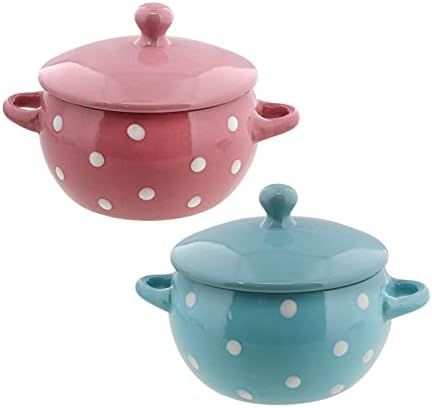 Soup Bowls with Handles and Lids Ceramic Polka Dot Set of 2 Blue Pink | Amazon (US)