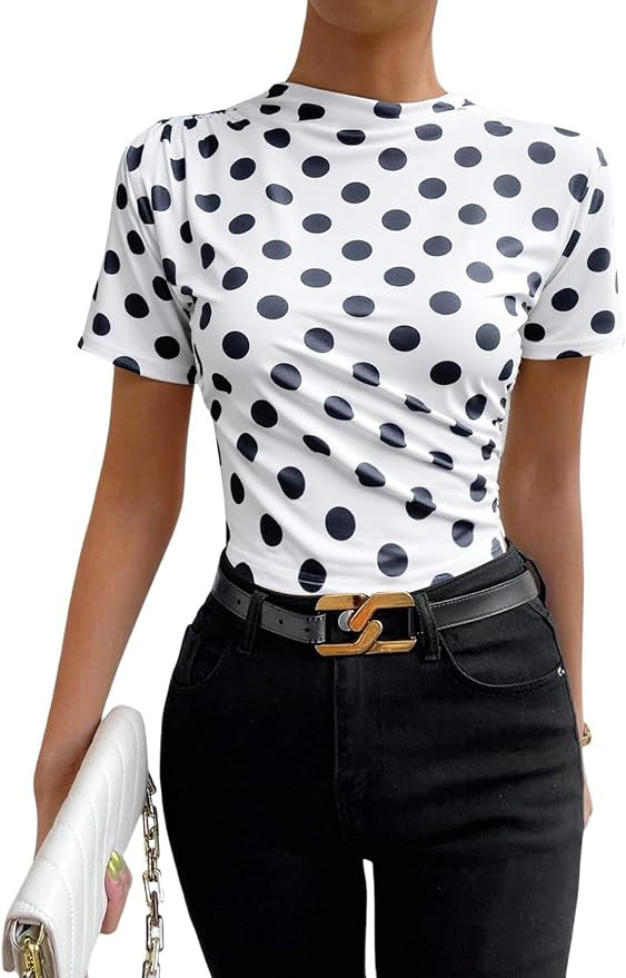 SweatyRocks Women's Ruched Mock Neck T Shirt Short Sleeve Fitted Summer Basic Tops | Amazon (US)