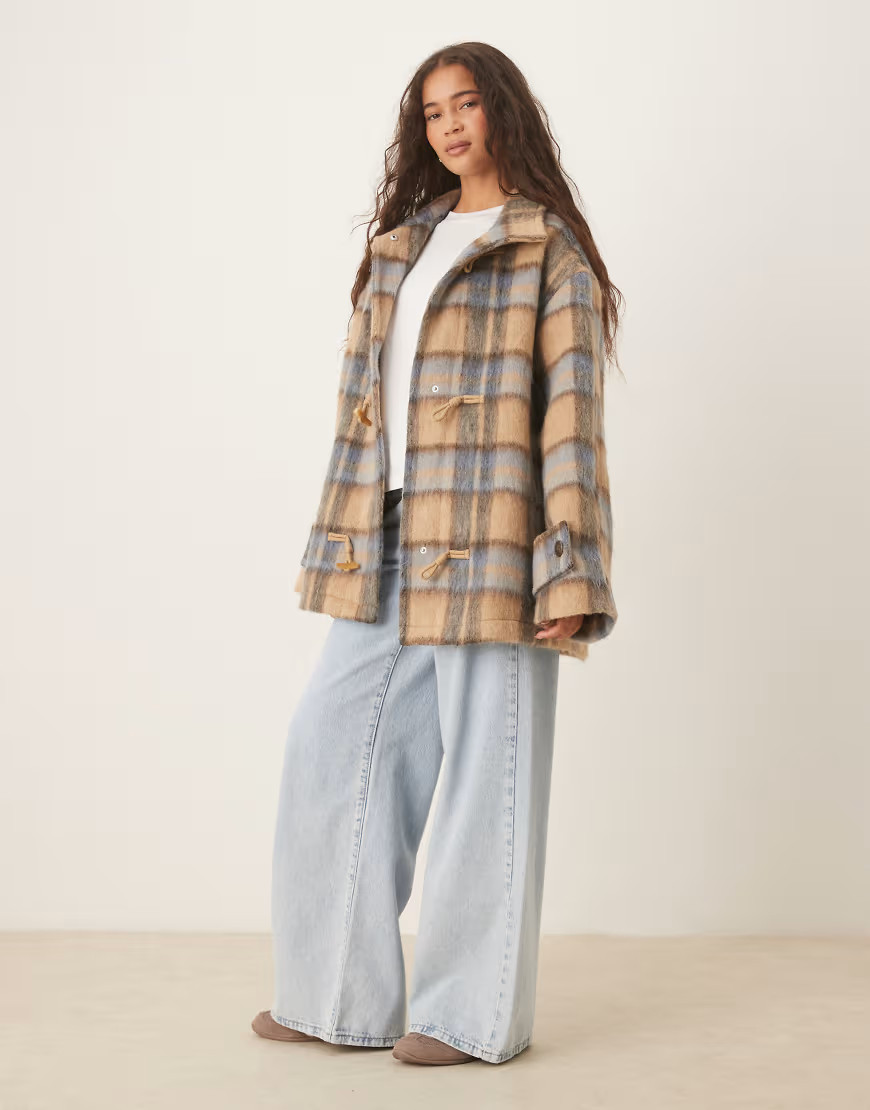 ASOS DESIGN wool blend funnel neck coat with toggle detail in heritage plaid-Multi | ASOS (Global)