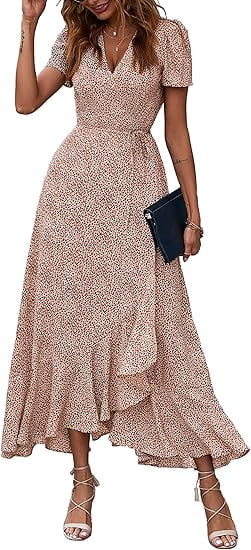 PRETTYGARDEN Women's Summer Wrap Maxi Dress Casual Boho Floral V Neck Short Sleeve Ruffle Hem Spl... | Walmart (US)
