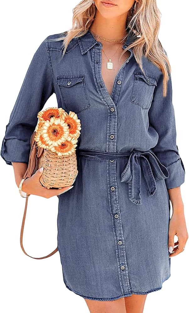 utcoco Women's Casual Button Down Jean Shirt Dress Long Sleeve Tie Waist Lightweight Denim Shirt ... | Amazon (US)