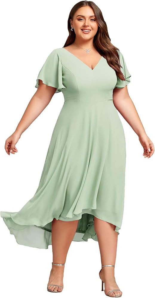 Ever-Pretty Women's Plus Size V Neck Asymmetric Hem Chiffon Wedding Guest Dress 01756-DA | Amazon (US)
