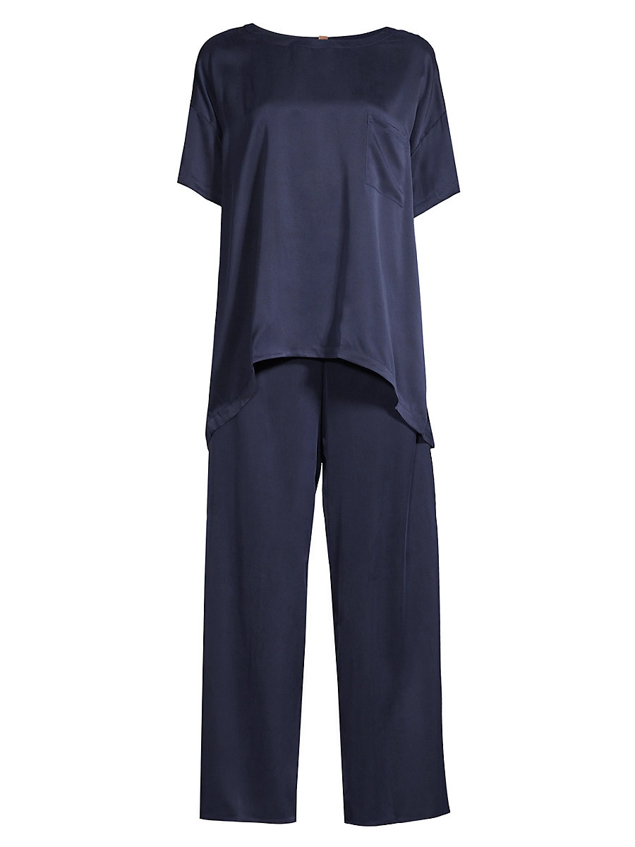 Women's Washable Silk T-Shirt & Pants Pajamas - Deep Blue - Size Small | Saks Fifth Avenue