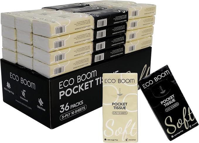 ECO BOOM Soft Pocket Tissues, Travel Size, 3-Ply, Hypoallergenic, 36 Packs, Eco-Friendly Facial T... | Amazon (US)