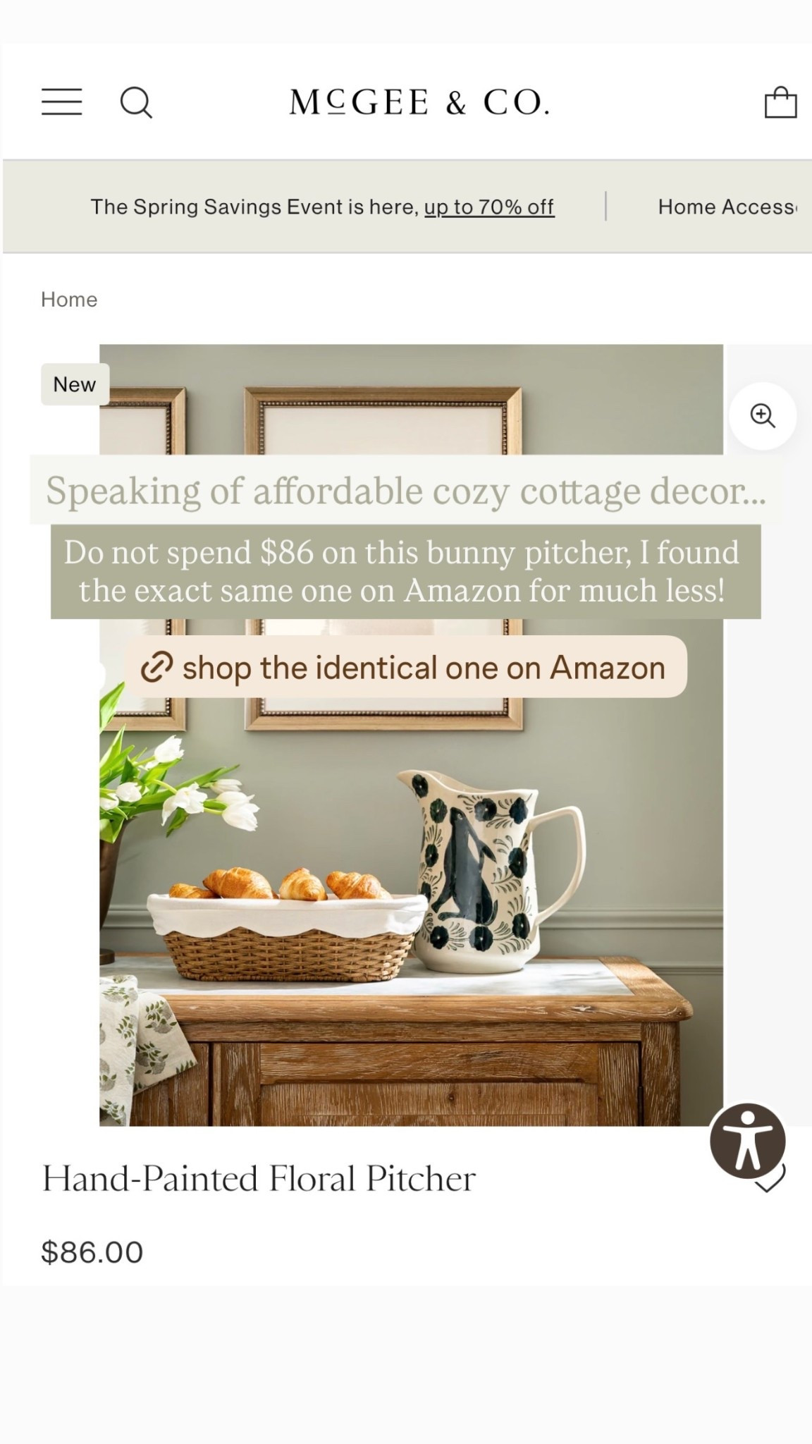 Do not spend $86 on this bunny pitcher, I found the exact same one on Amazon for much less! Speaking of affordable cozy cottage decor…..