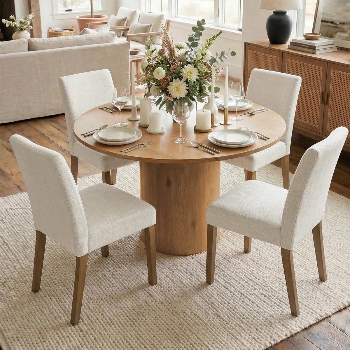 Create an inviting dining space with the Danayla 4-person set — a 41.5’’ round table paired with upholstered linen chairs, perfect for intimate meals and a refined, curated look. ON SALE and under $800.

Keywords: Dining table, dining table set, four person dining table set, wooden dining table, round wooden dining table, farmhouse dining table set, contemporary dining table, modern dining table set, luxury dining table set, dining table set with plush chairs, round glass dining table set, rectangular dining table set, dining room, dining room refresh, breakfast nook table, small dining table set, dining set with upholstered chairs

#LTKSaleAlert #LTKHome #LTKSeasonal