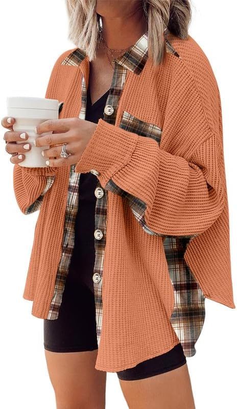 SHEWIN Womens Waffle Knit Plaid Shacket Boyfriend Button Down Shirt Jacket Loose Long Sleeve Tops | Amazon (US)