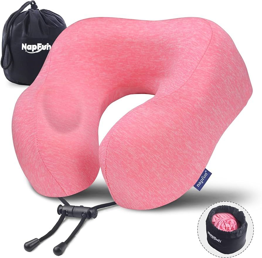 napfun Neck Pillow for Traveling, Upgraded Travel Neck Pillow for Airplane 100% Pure Memory Foam Travel Pillow for Flight Headrest Sleep, Portable Plane Accessories, Rose | Amazon (US)