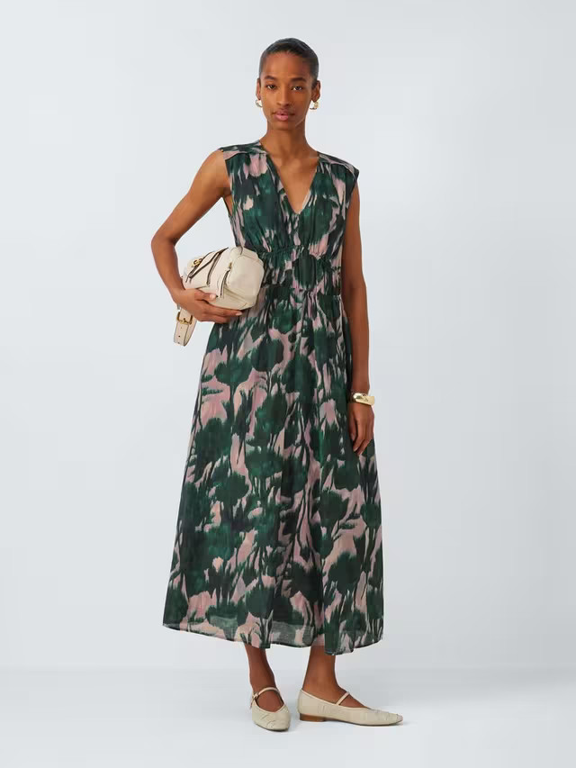 John LewisVivid Bloom Print Sleeveless Cotton Blend Midi Dress, Multi | John Lewis (UK)