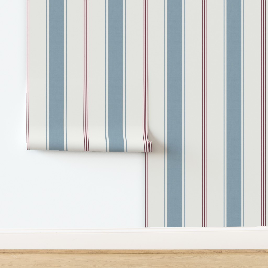French Provincial Country Double Ticking Stripe Antique Vintage Blue Maroon Wallpaper | Spoonflow... | Spoonflower