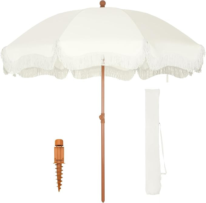 7ft Patio Umbrella with Fringe, Portable Outdoor Beach Umbrella with Sand Anchor, Carry Bag, Push... | Amazon (US)