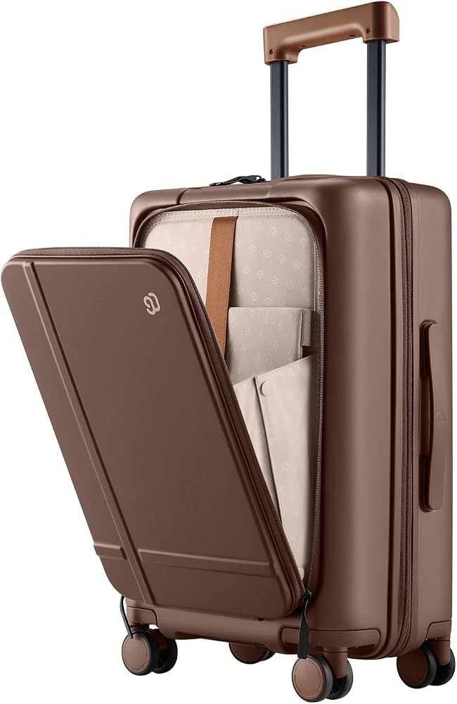 NINETYGO Carry On Luggage 22x14x9 Airline Approved, 20 Inch Suitcase with Front Compartment, Coffee-Infused PC Hard Shell, Eco-Friendly, Cup Holder, Clamshell, TSA Lock, Spinner Wheels (Latte) | Amazon (US)