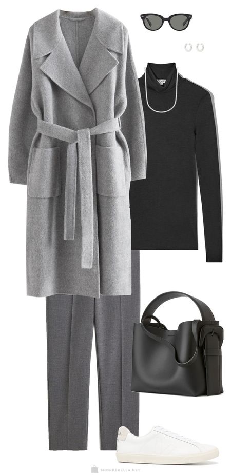 We’re digging the grey outfit with a minimal touch and some black and white 🤍✨ She wears her oversized grey coat with a black turtleneck, chic trousers, a black bag, white sneakers and silver jewellery to finish it off.

#LTKstyletip #LTKworkwear #LTKSeasonal