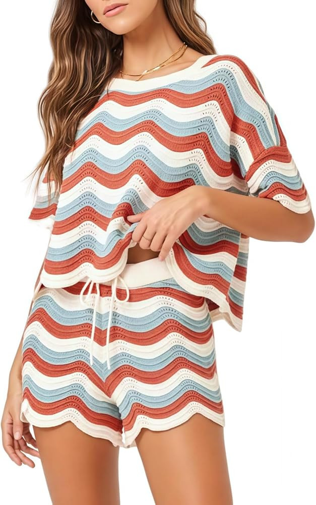 NIFTRIRY 2 Piece Sets for Women Short Sleeve Striepd Crochet Cover Up Tied Shorts Beach Clothes | Amazon (US)