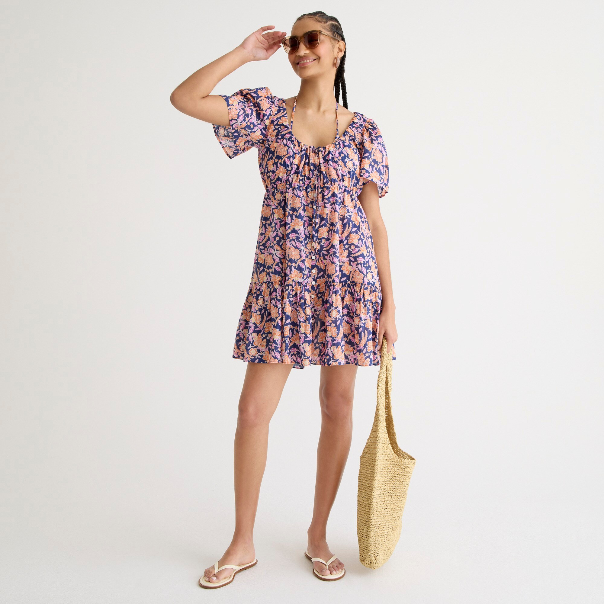 Button-front cotton voile beach dress in painted block print | J. Crew US