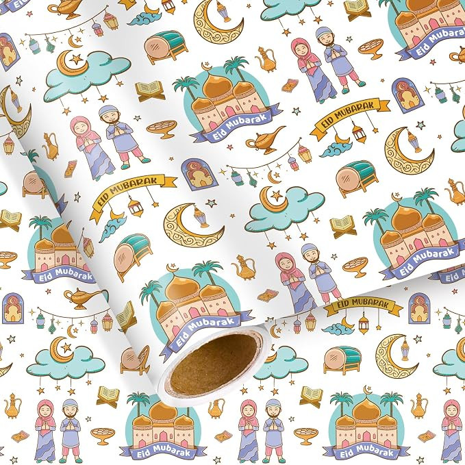 Eid Mubarak Wrapping Paper Roll Ramadan Gift Wrap Paper with Mosque Moon Eid Mubarak Design for I... | Amazon (US)