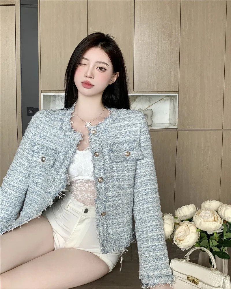 Cerauno - Round Neck Single Breasted Tweed Blazer | YesStyle Global