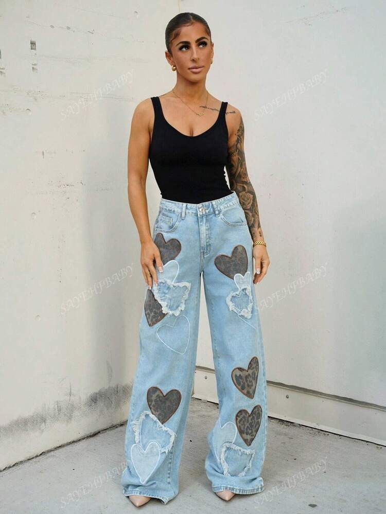 SAYEHFBABY Women's Low-Rise Heart Embroidered Print Straight Loose Casual Jeans, Fashionable New ... | SHEIN